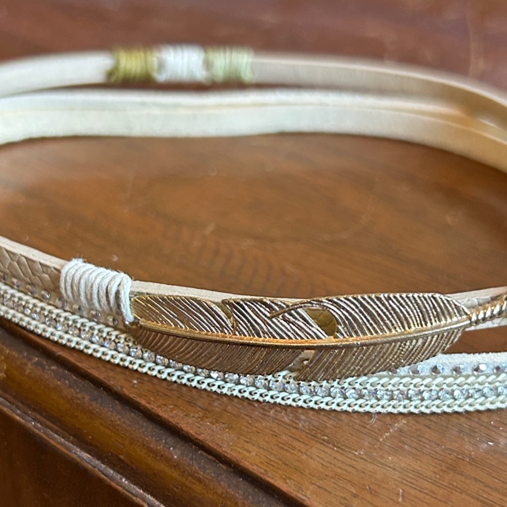 Gold Feather Multi-Row Leather Wrap choker